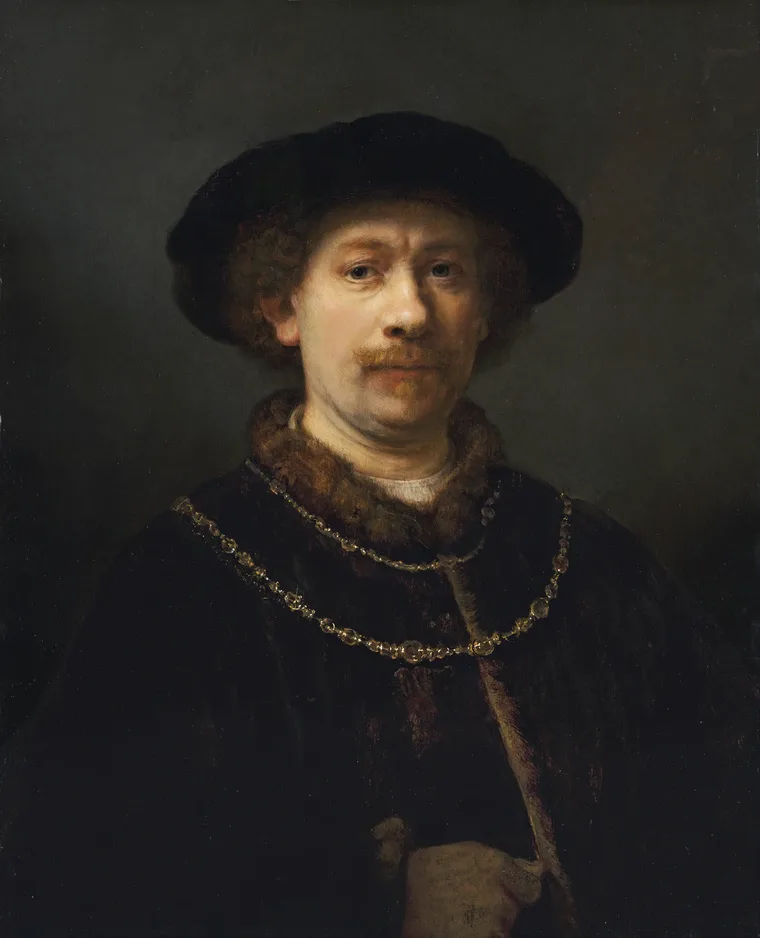 Self-portrait wearing a Hat and two Chains