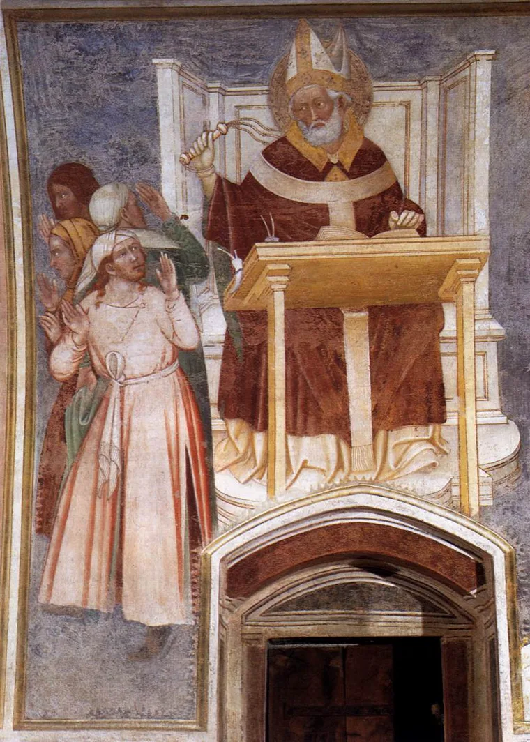Saint Ambrose Enthroned Flagellating Two Heretics
