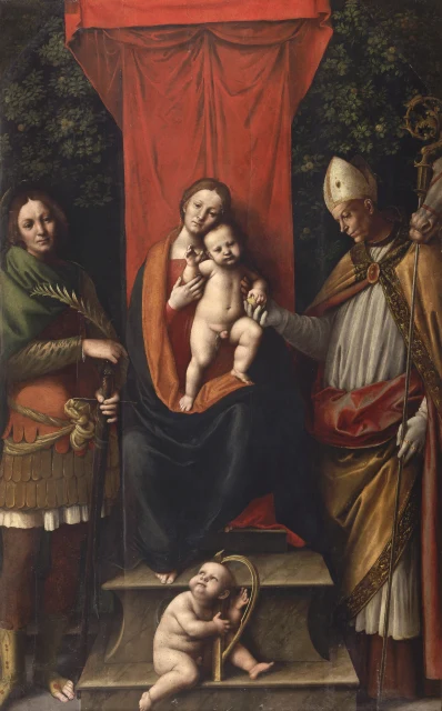 Virgen entronizada con san Bobo, san Eloy y un ángel músico