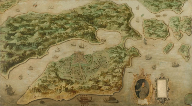 Veduta a volo d'uccello di Ambon, con il ritratto di Frederik Houtman (1571-1627) in un cartiglio