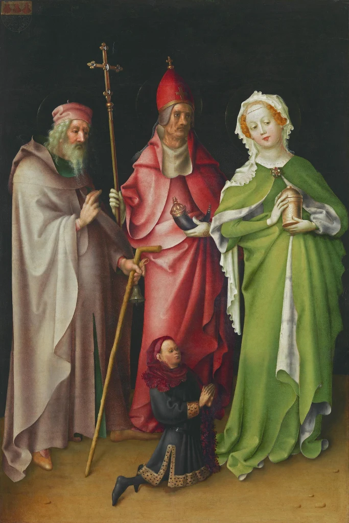 Altare del Giudizio universale, anta: sant'Antonio abate, san Cornelio e Maria Maddalena con un donatore