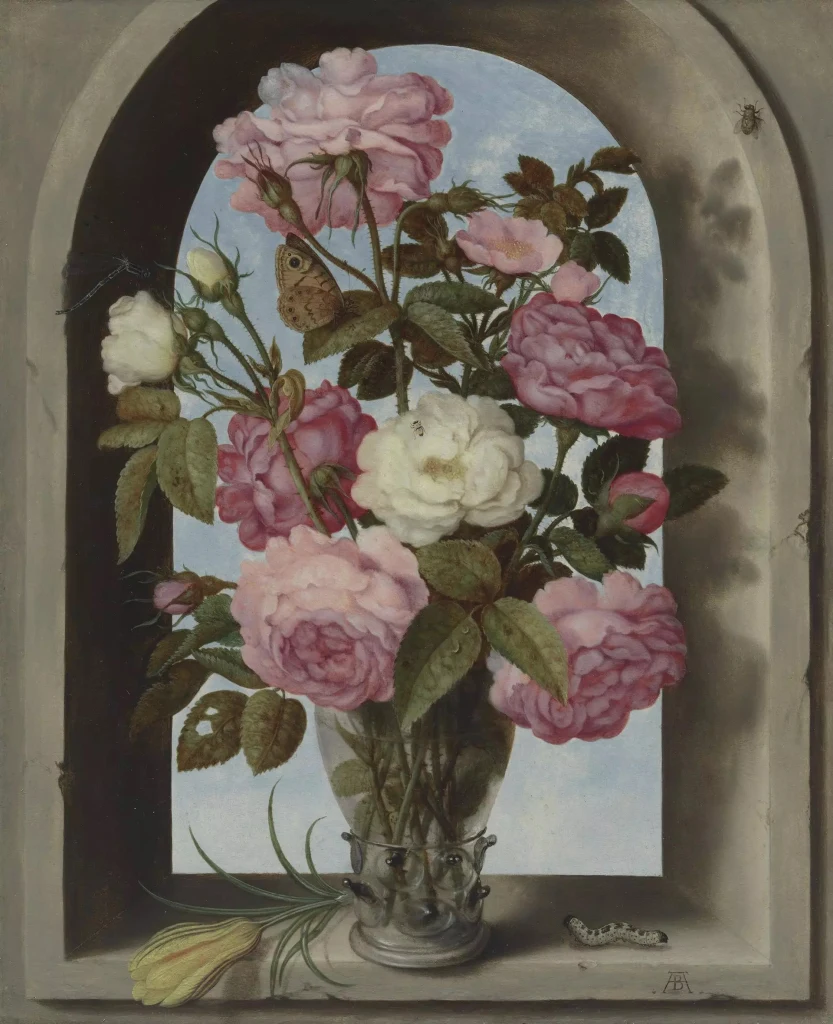 Nature morte aux roses dans un vase de verre