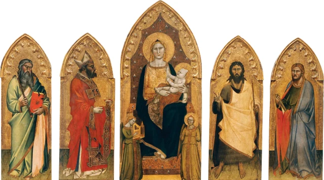 Madonna and Child Enthroned with Two Music-Making Angels and Saints Andrew (or Philip), Nicholas of Bari, John the Baptist and James the Less