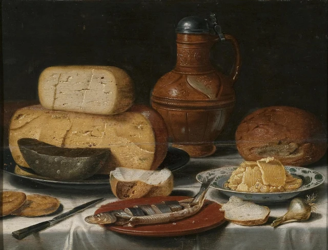 Stillleben mit Käse, Hering, Brot und Wein