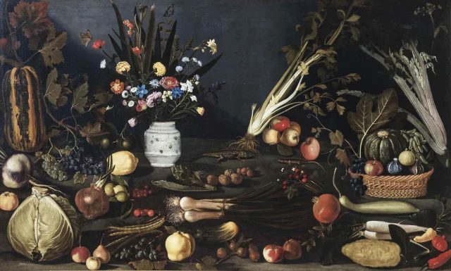 Vase of Flowers, Fruit and Vegetables