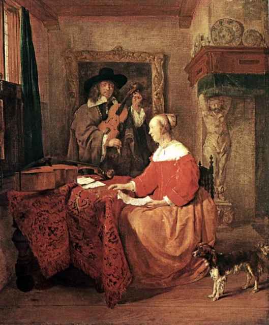 A Woman seated at a Table and a Man tuning a Violin