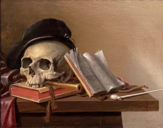 Natura morta con teschio, libri, flauto e pipa