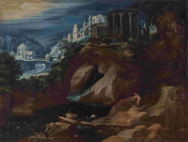 Landscape with a Classical Temple and a Hunter