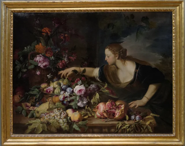 Woman Taking Fruit from a Bowl of Flowers and Fruit
