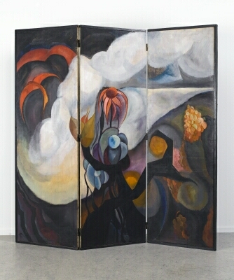Three-Panel Folding Screen with Clouds and Flowers