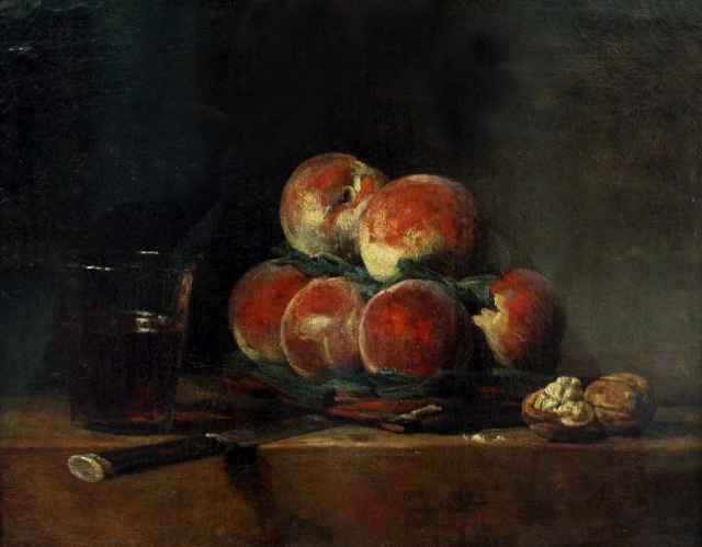 Basket of Peaches, with Walnuts, Knife and Glass of Wine