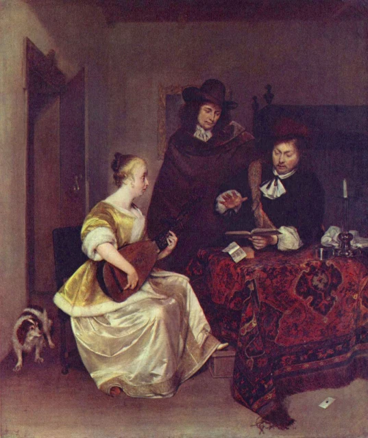 A Woman playing a Lute to Two Men