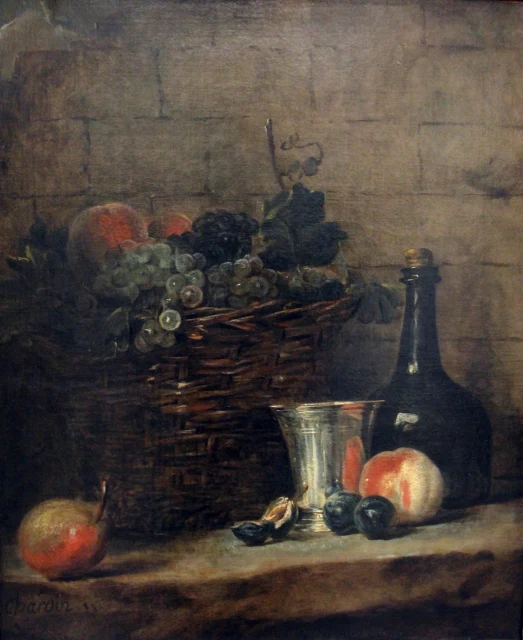 Basket of Grapes, Silver Goblet and Bottle