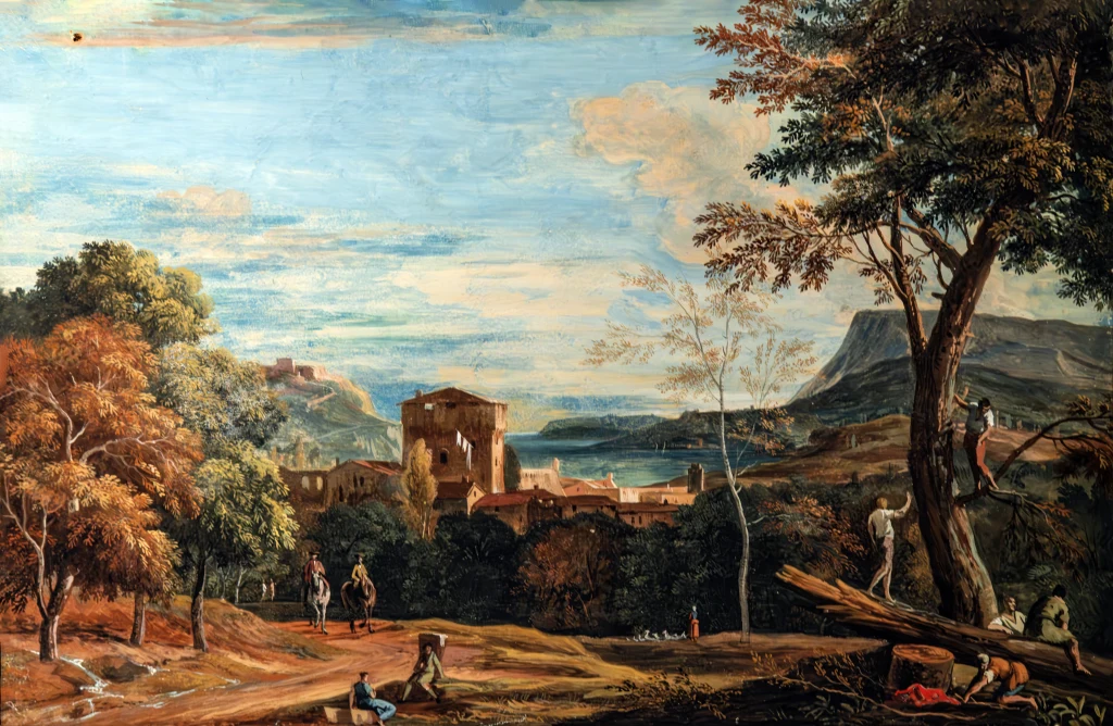 Paesaggio con boscaioli e cavalieri