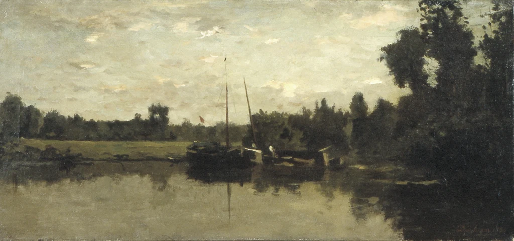 Paesaggio con barche su un fiume, la sera