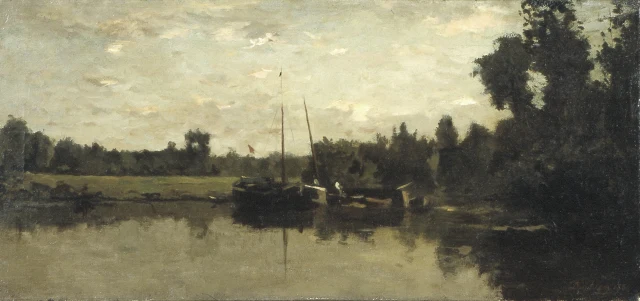Paesaggio con barche su un fiume, la sera