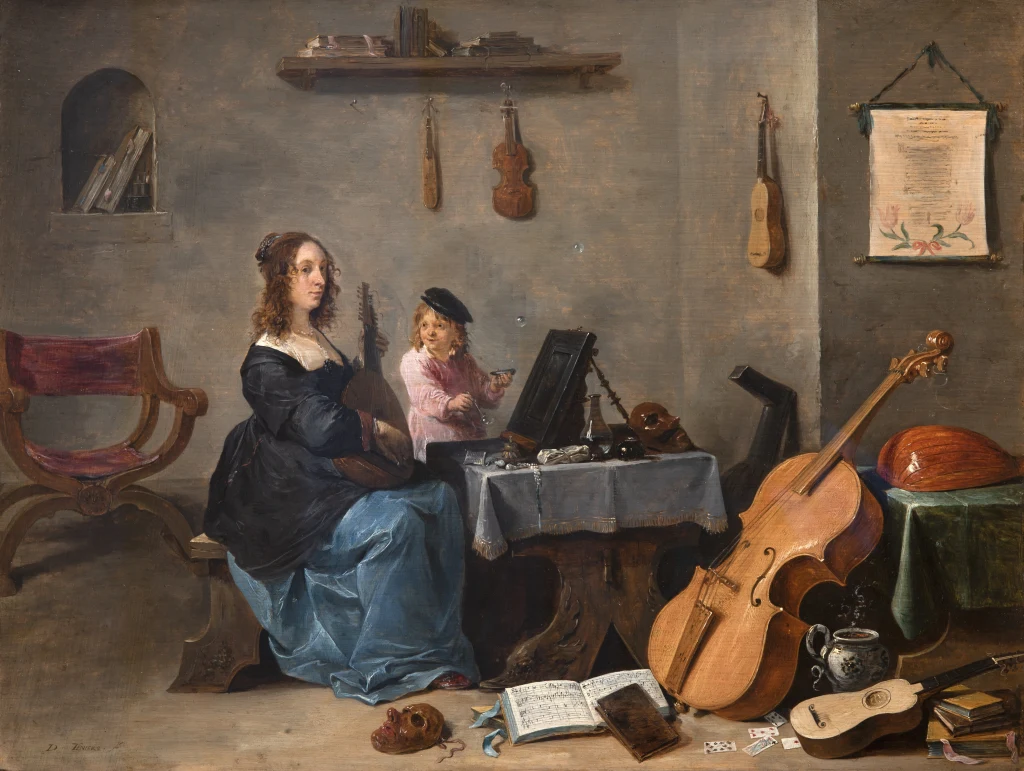 Bildnis der Frau des Künstlers, Anna Brueghel, die Laute spielend, und des Sohnes David, der Seifenblasen macht