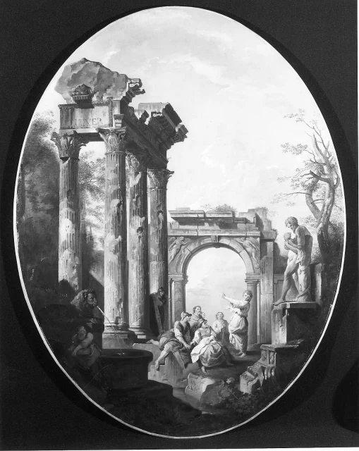 Capriccio mit römischen Ruinen und einer Statue des Silen mit Dionysos
