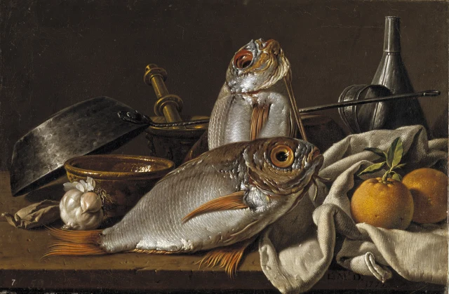 Still Life with Breams, Oranges, Garlic, Condiments and Kitchen Utensils