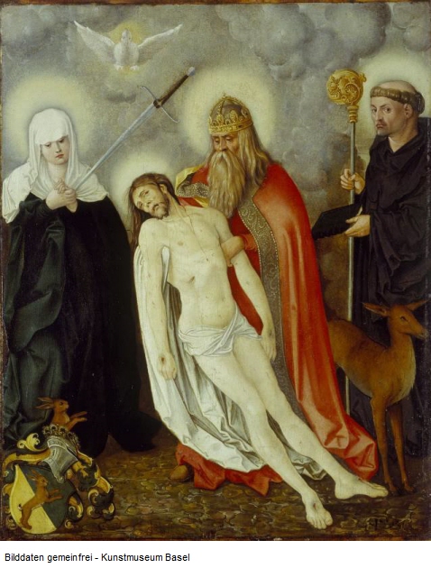 The Holy Trinity between the Lady of Sorrows and Saint Giles