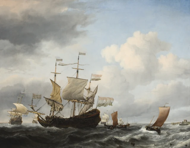A Dutch Flagship Coming to Anchor Close to the Land in a Fresh Breeze