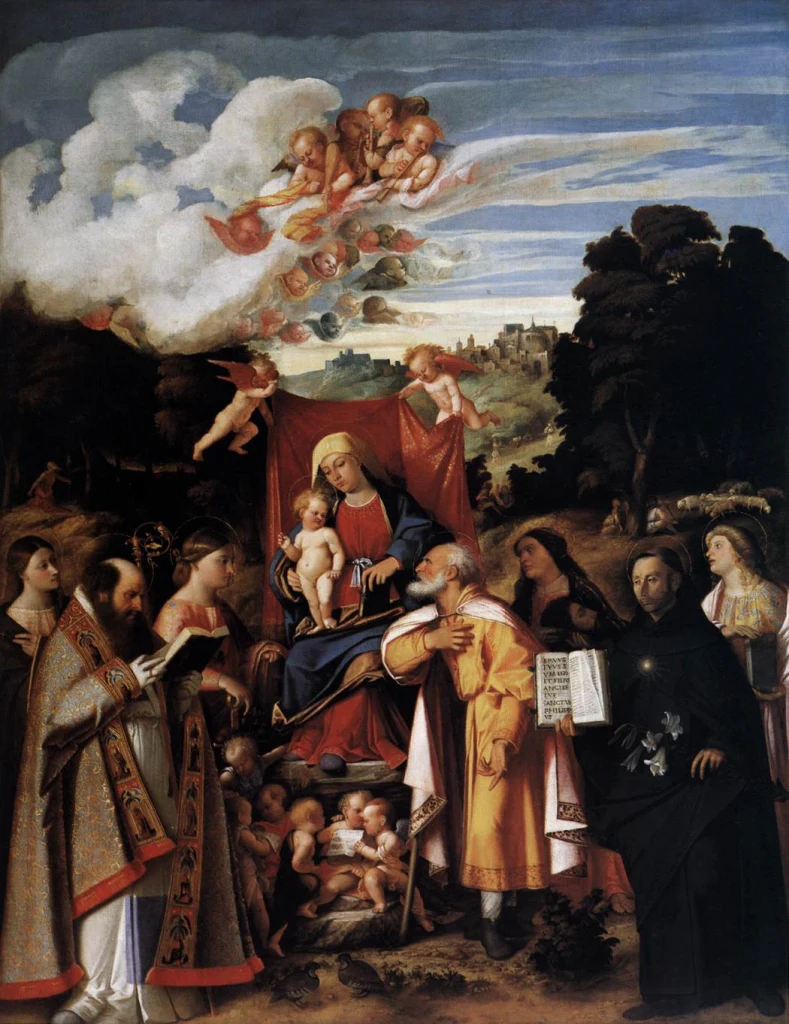 La Virgen entronizada con ángeles y los santos Apolonia, Agustín, Catalina, José, Grata, Felipe Benicio y Bárbara (Retablo de San Gottardo)