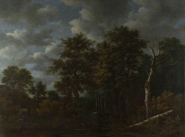A Pool surrounded by Trees, and Two Sportsmen coursing a Hare