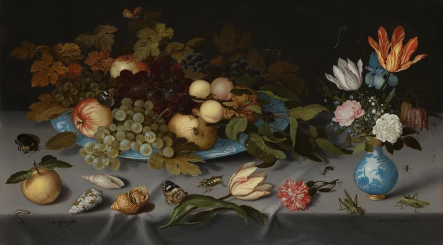 Bodegón con frutas y flores