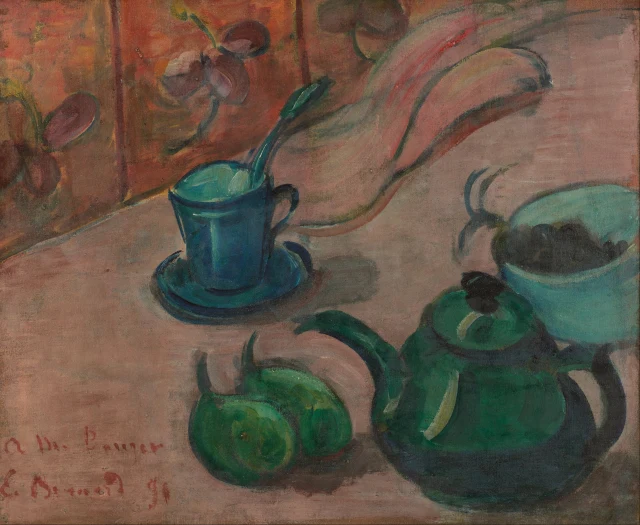 Stillleben mit Teekanne, Tasse und Früchten