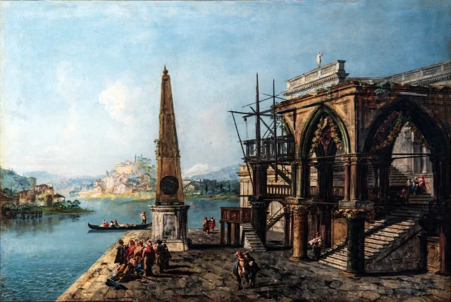 Capriccio mit gotischem Gebäude und Obelisk