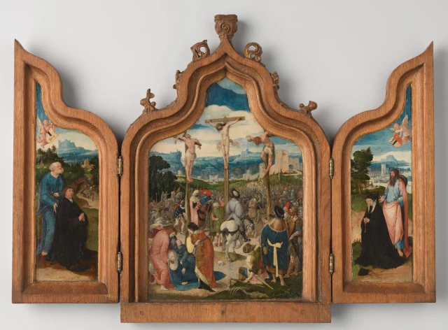 Triptych with the Crucifixion (centre panel), St Peter and a Male Donor (inner left wing), St James and a Female Donor (inner right wing), St Christopher and the Christ Child on the Road of Life (outer wings)