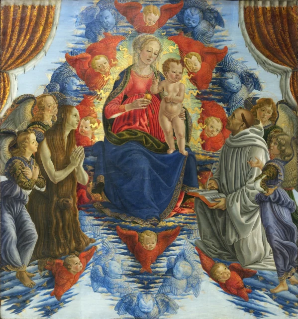 La Virgen y el Niño en gloria rodeados de querubines, serafines, cuatro ángeles, santa María Magdalena y san Bernardo de Claraval