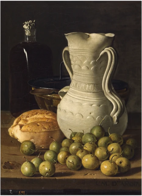 Still Life with Small Pears, Bread, an Unglazed Jug, Bowl and Bottle