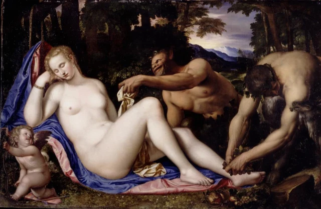 Venus and Cupid with Two Satyrs in a Landscape