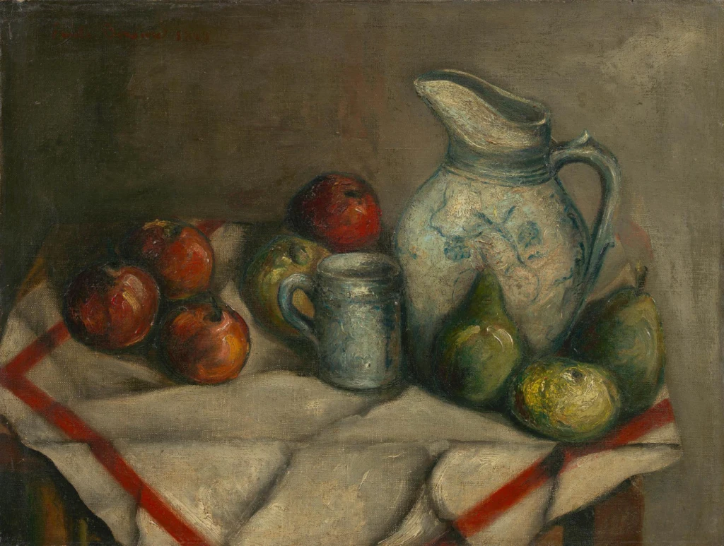 Brocca, tazza e frutta