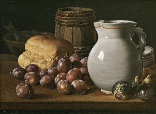 Still Life with Plums, Figs, Bread, a Barrel, a Jug and Other Vessels