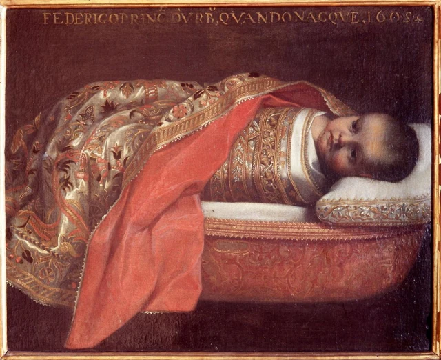 The swaddled Prince of Urbino in the cradle