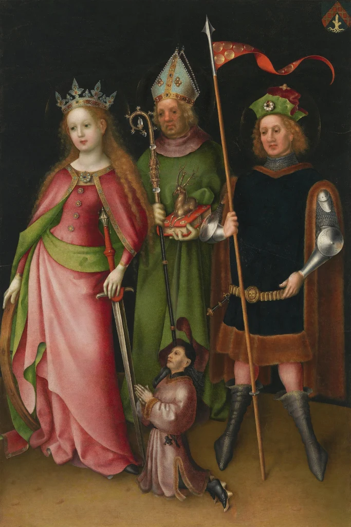 Retable du Jugement dernier, volet : sainte Catherine, saint Hubert et saint Quirin de Neuss avec un donateur