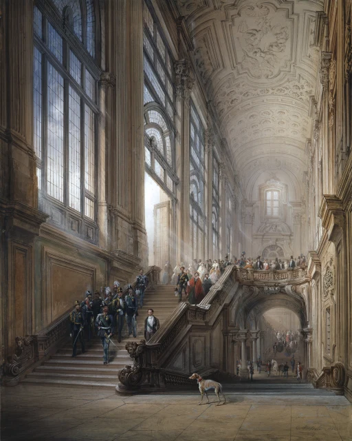 El rey Víctor Manuel II, Cavour, los ministros y la corte bajan la escalera del Palazzo Madama tras la inauguración de la V legislatura subalpina