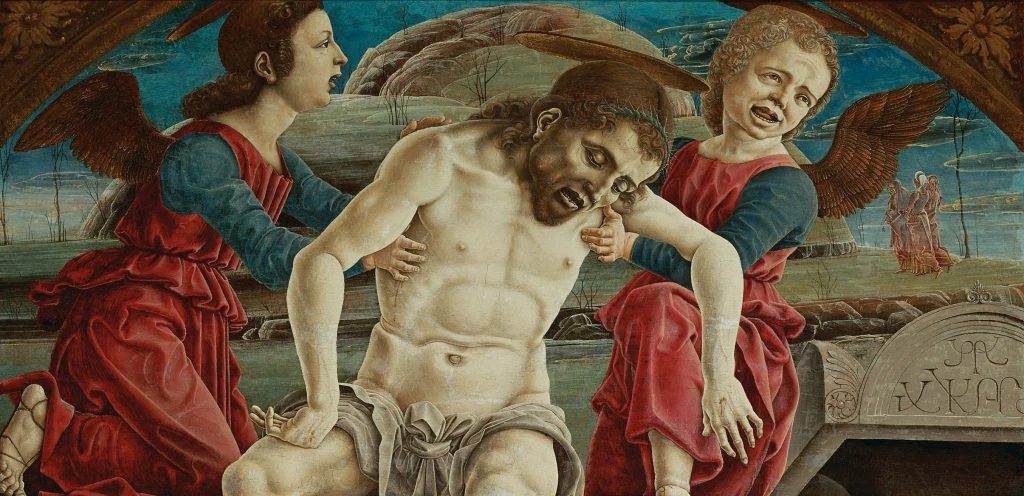 El cuerpo de Cristo sostenido por ángeles