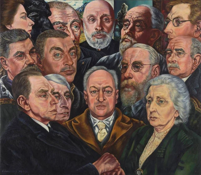 Group portrait of H.P. Bremmer and his wife with contemporary artists