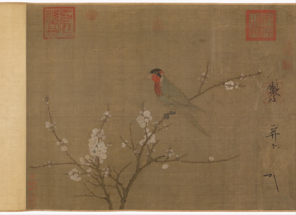 Five-colored Parakeet on a Blossoming Apricot Tree