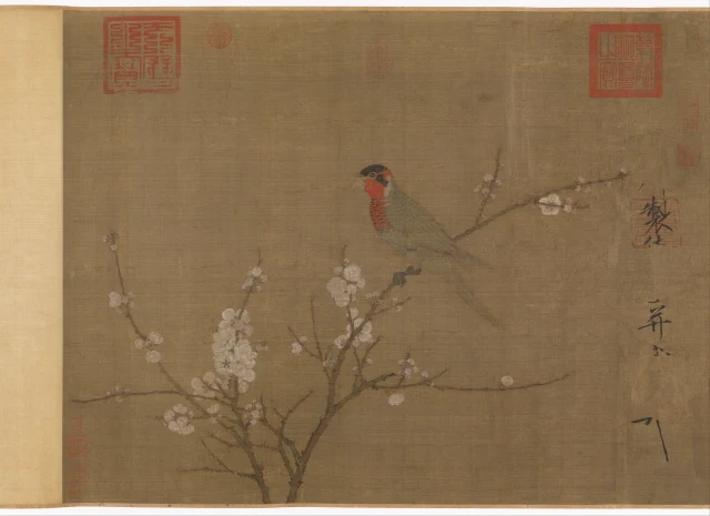Five-colored Parakeet on a Blossoming Apricot Tree
