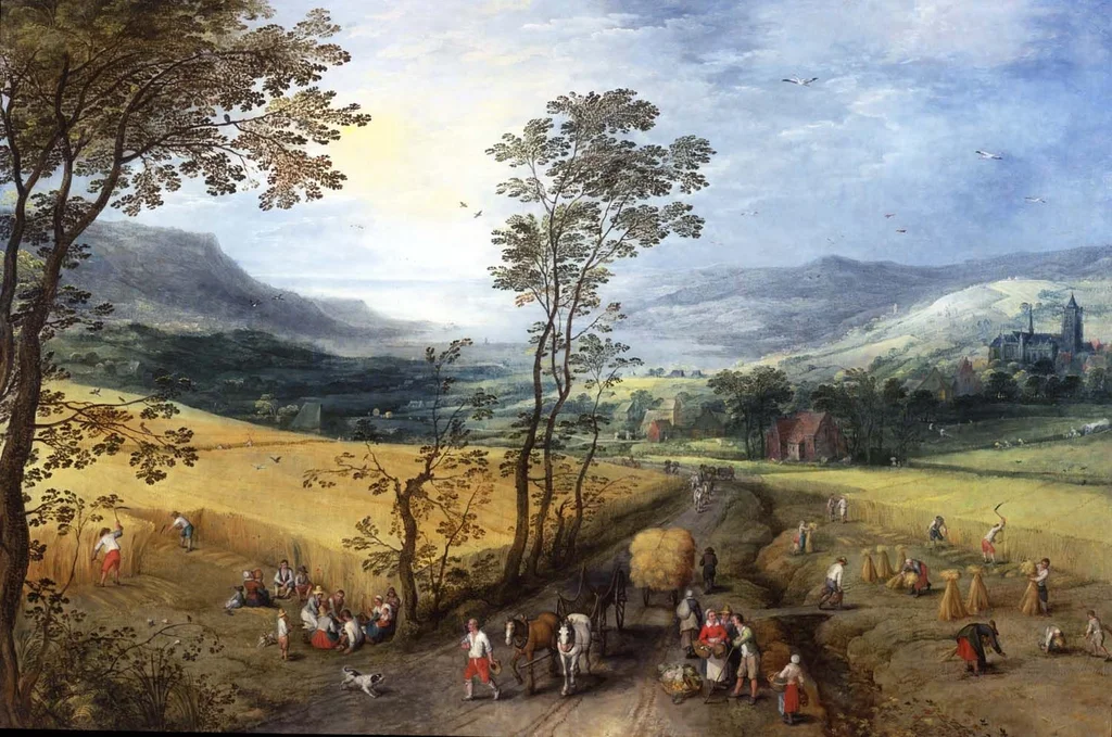 Paesaggio estivo con mietitori