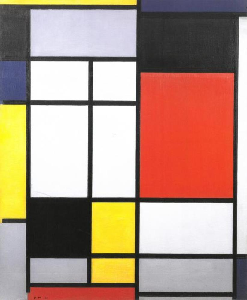 Composizione con giallo, blu, nero, rosso e grigio