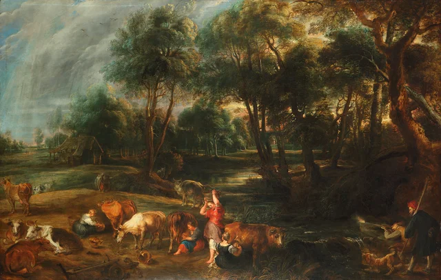 Landschaft mit Kühen und Vogeljägern