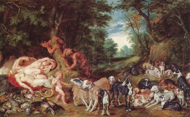 Diana auf der Jagd - Diana und ihre schlafenden Nymphen werden von Satyrn belauscht