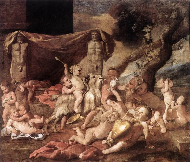 Bacchanal of Putti with Two Herms