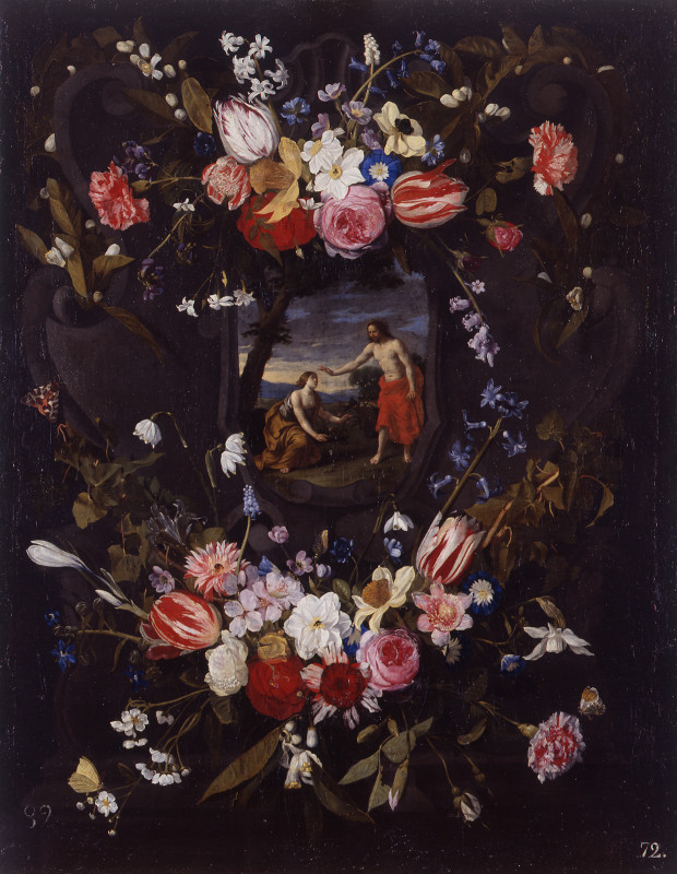 Garland of flowers with the 'Noli me tangere'