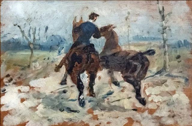 Dos caballos llevados de la mano